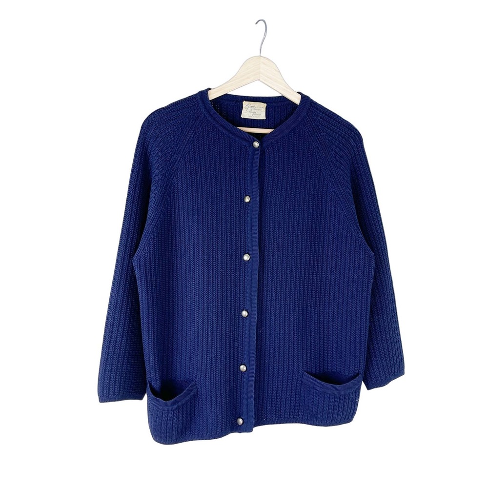 Vintage 60s Gina of Torino Blue Cardigan Wool Gold Buttons M